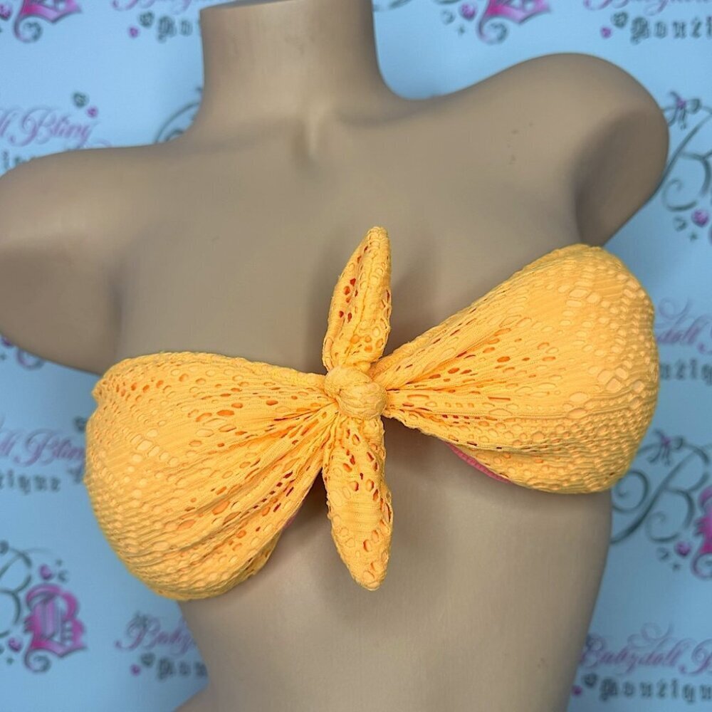 Victoria secret bikini top neon orange crochet style bow ribbon accent front
